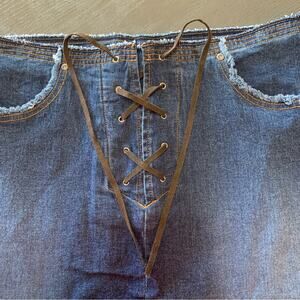 Women’s Size 18 Y2K Stretch Denim Leather Suede Lace up Skirt Casual Everyday